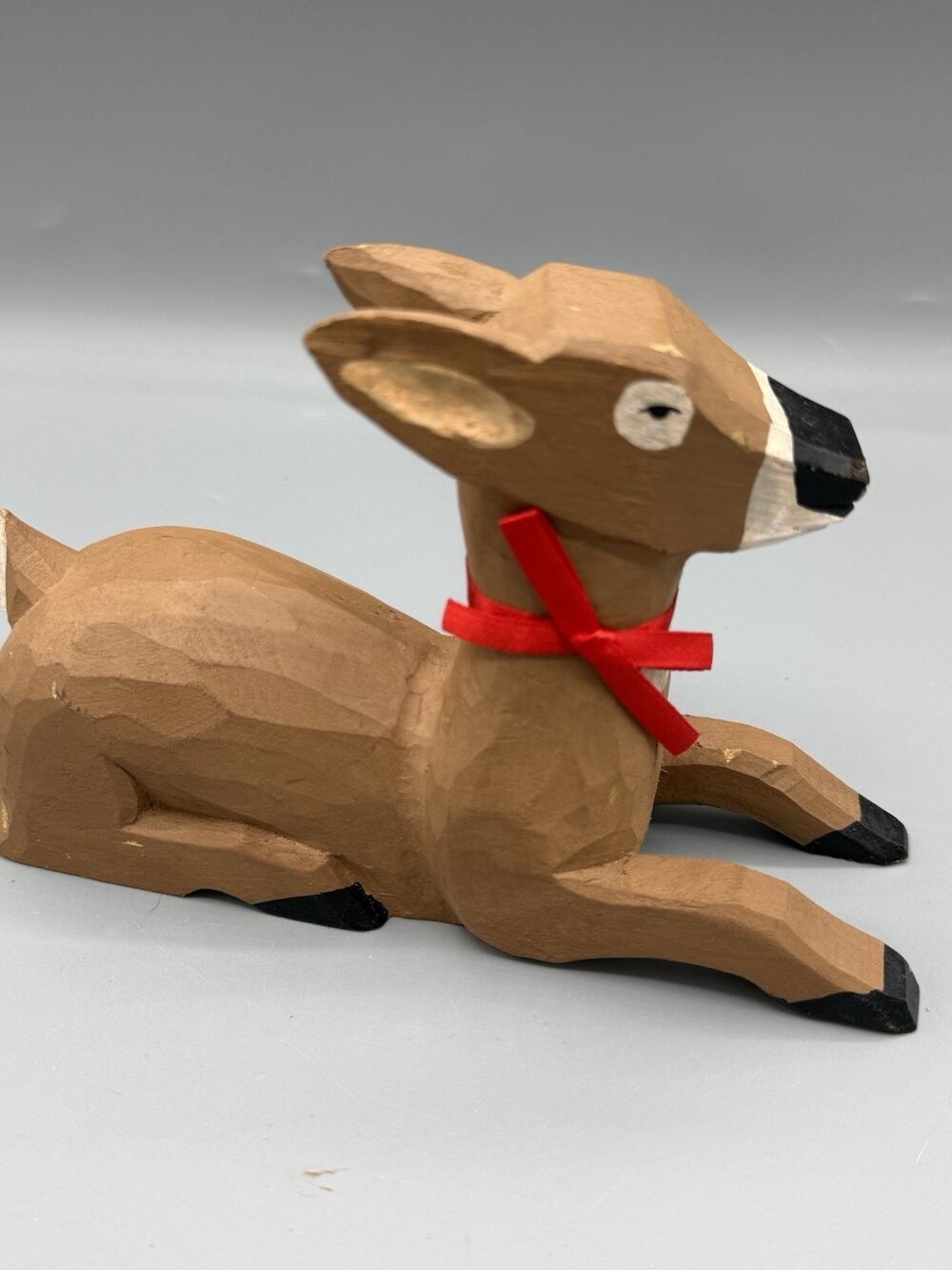 Vintage Hand Carved Wood Deer Fawn Figurine Folk Art Red Ribbon Christmas